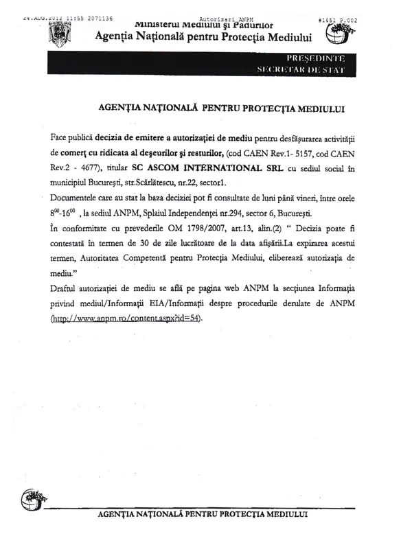 ANPM announcement of the environmental authorisation issued to ASCOM International SRL
